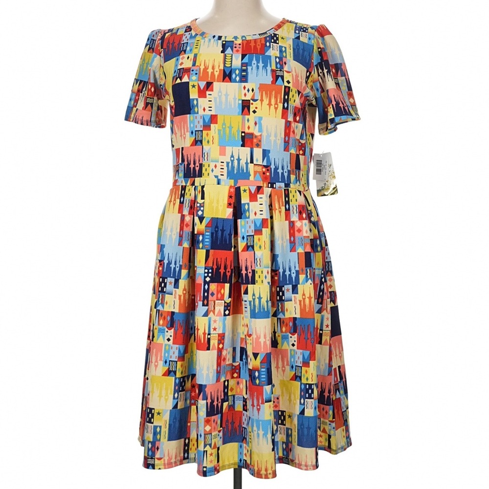 LuLaRoe Disney Women Amelia Dress 3XL Multi Color Castle Geometric NWT